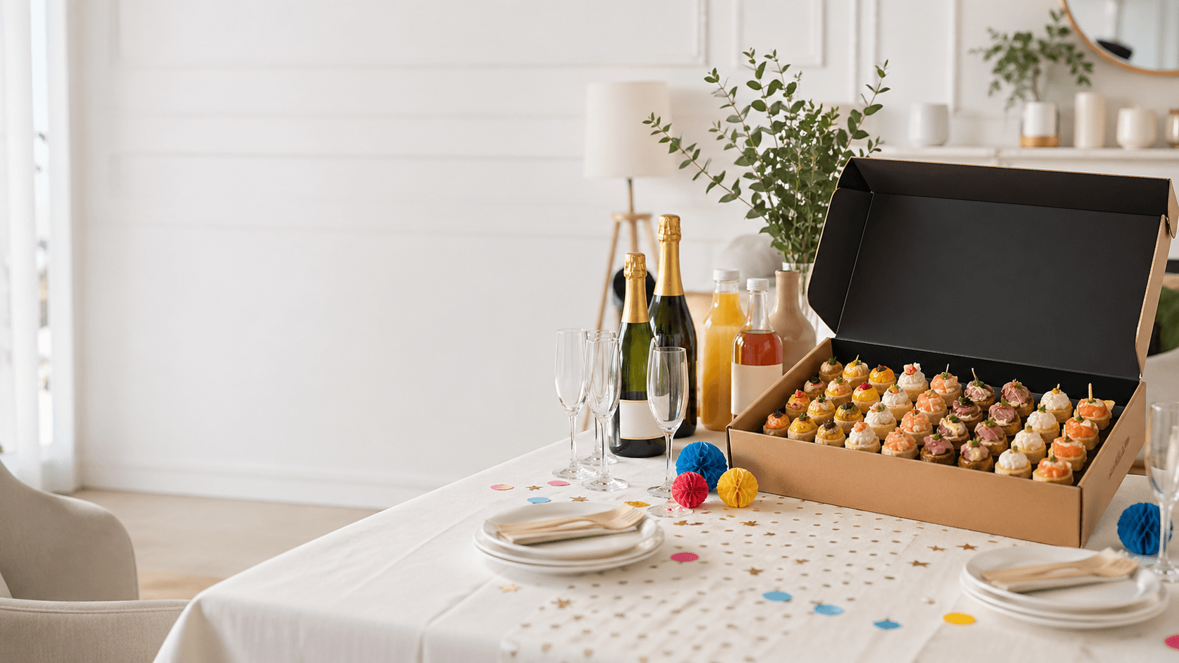 Coffret FêteABox ouvert sur table dressée avec pièces apéritives, bouteilles de champagne debout, softs et vaisselle festive